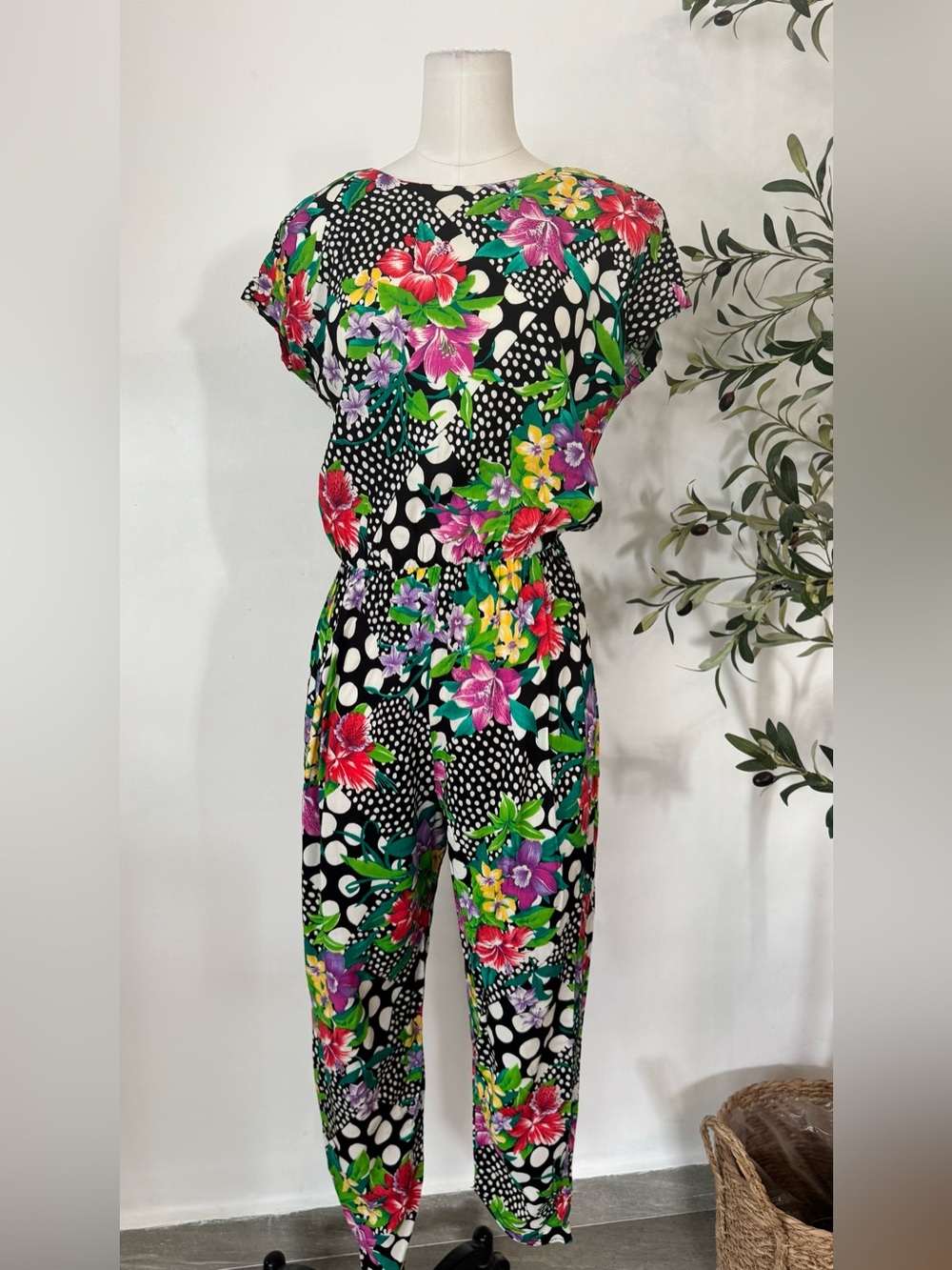 L.A. Gal Vintage Floral Polka Dot Jumpsuit Size 9/10 Padded Shoulders Retro 80s - Picture 5 of 9